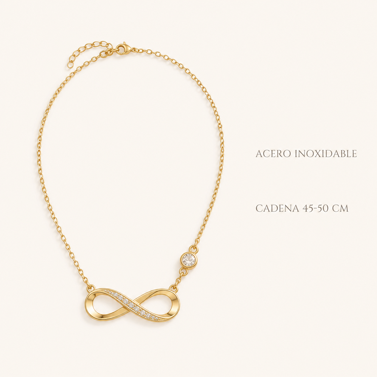 Infografía del Collar Infinito Amor Eterno: acero inoxidable y cadena 45-50 cm