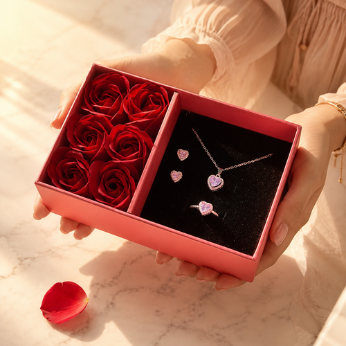 Caja de regalo roja con seis rosas y el Set Trilogía Corazón de Cristal, sostenida en las manos