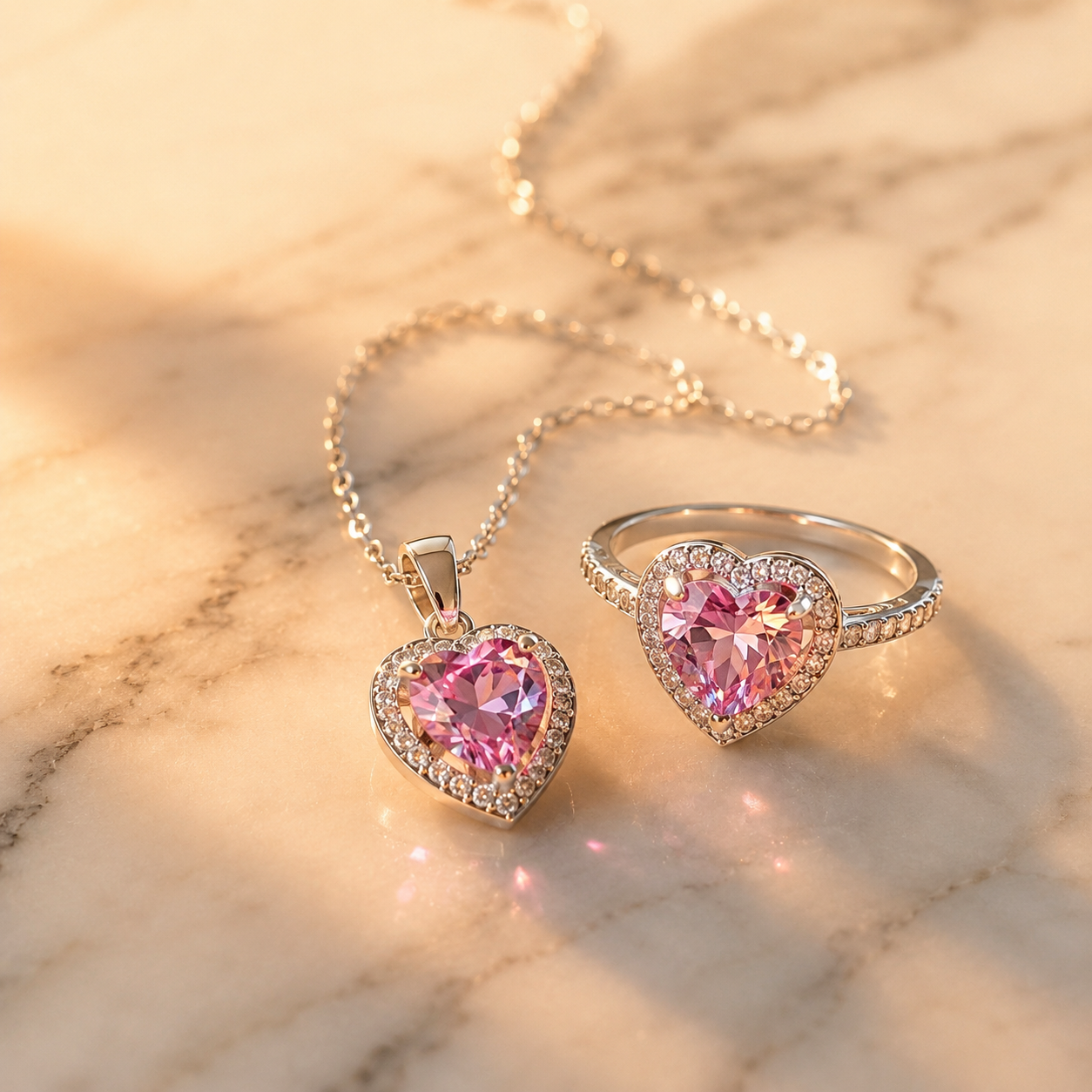 Detalle macro del colgante de corazón de cristal rosa del Set Trilogía sobre mármol claro