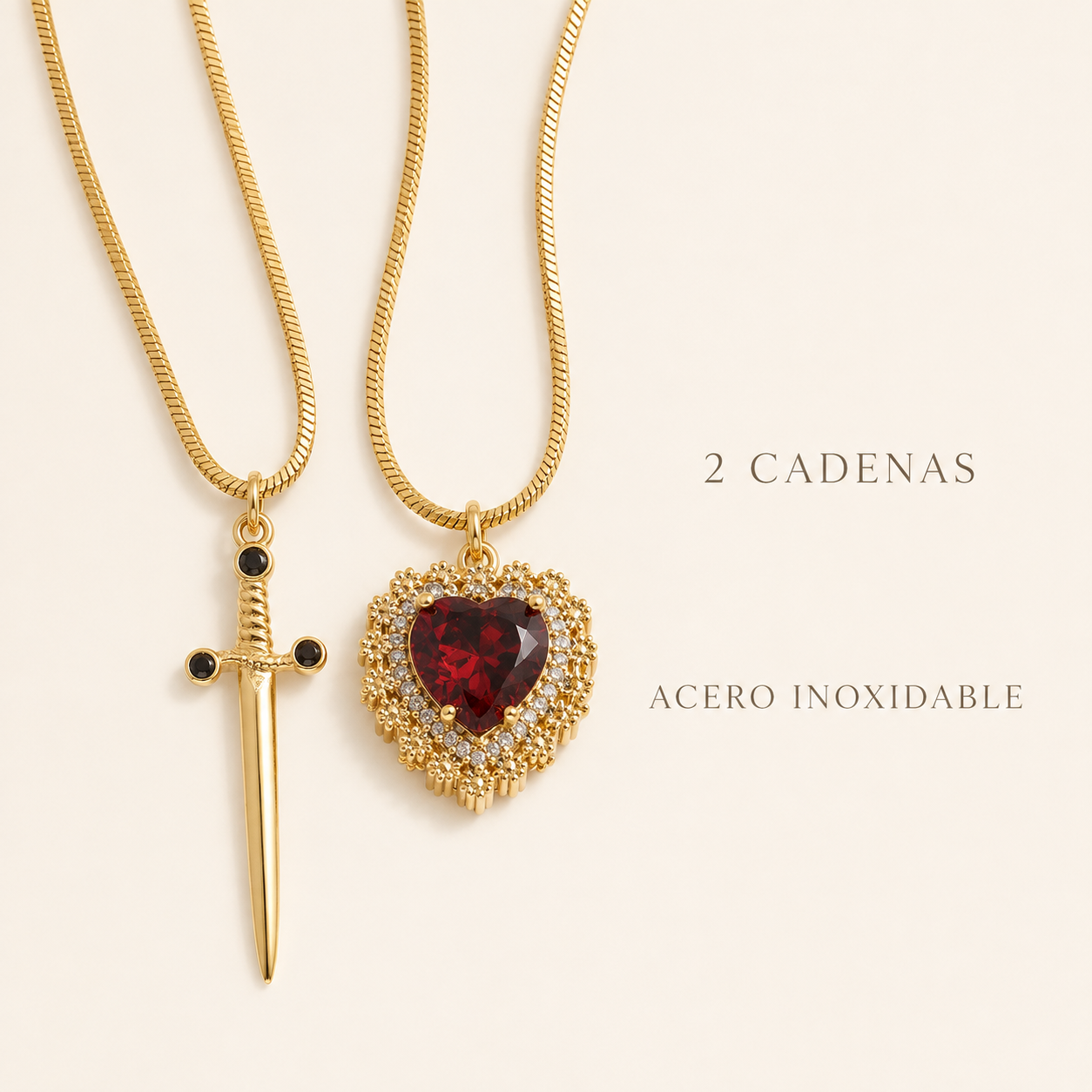 Infografía Cadenas Pareja doradas: 2 cadenas y acero inoxidable