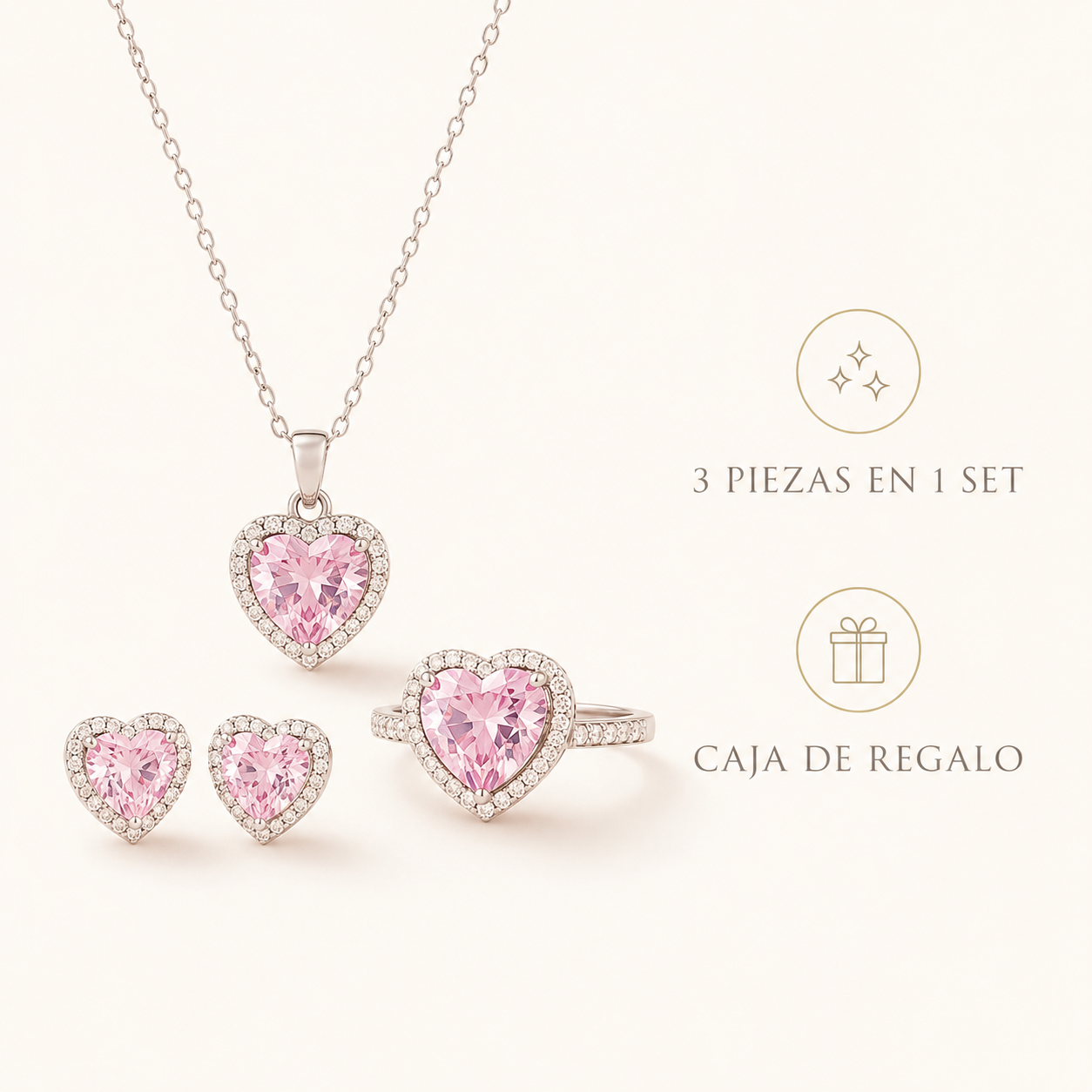 Infografía del Set Trilogía Corazón de Cristal: 3 piezas en 1 set y caja de regalo