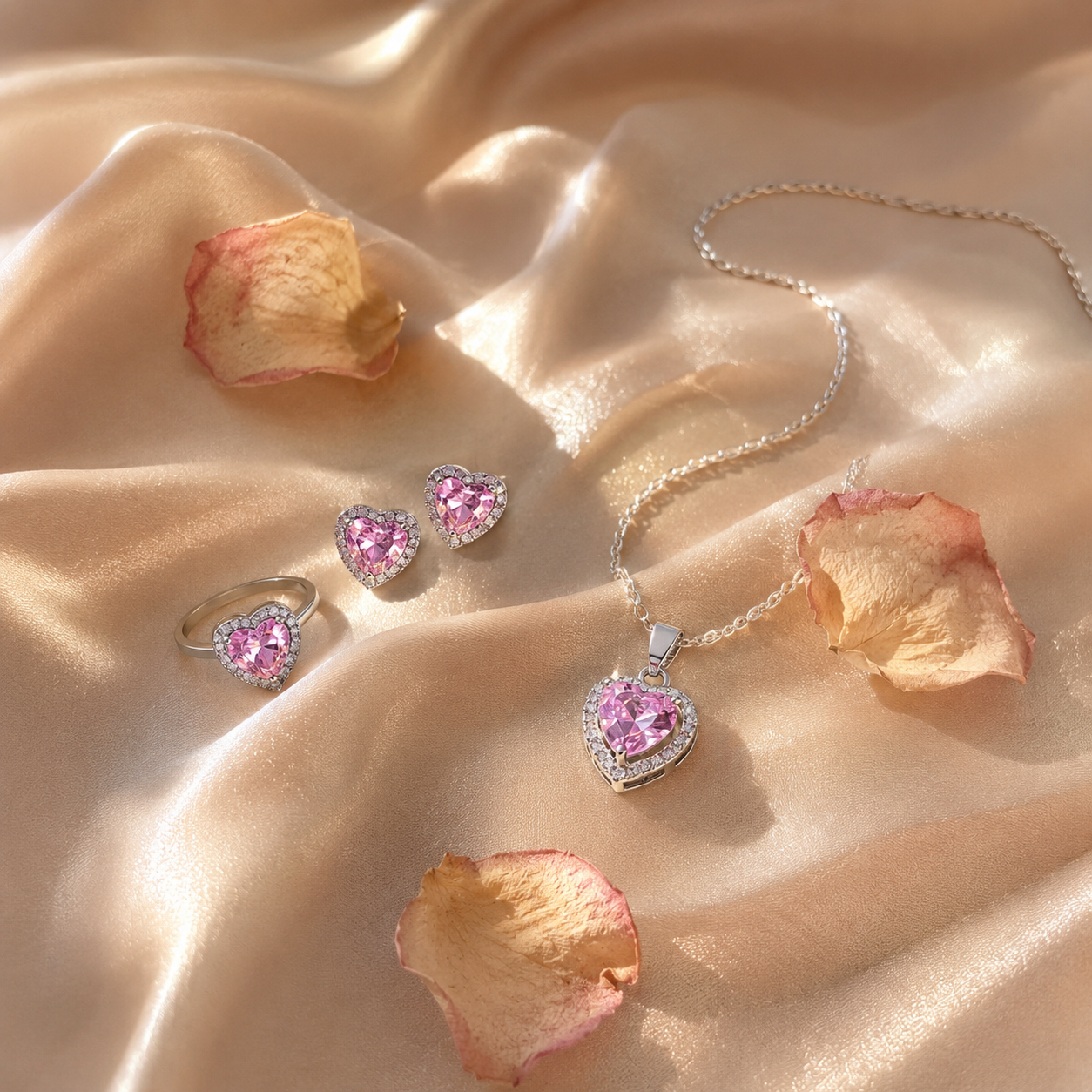 Set Trilogía Corazón de Cristal en flat-lay sobre seda color champán con pétalos de rosa