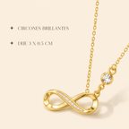 Infografía del Collar Infinito Amor Eterno dorado: circones brillantes y dije de 3 x 0,5 cm