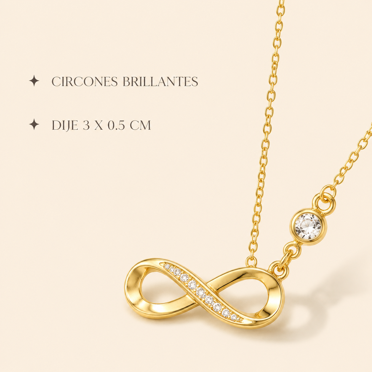 Infografía del Collar Infinito Amor Eterno dorado: circones brillantes y dije de 3 x 0,5 cm