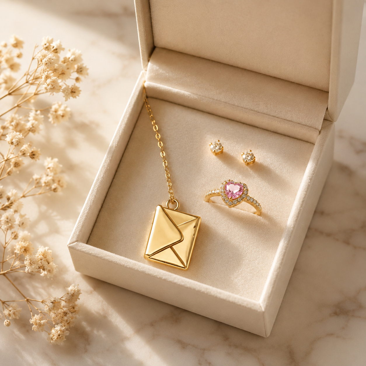 Set Secreto de Amor dorado en caja de regalo abierta sobre mármol con flores secas