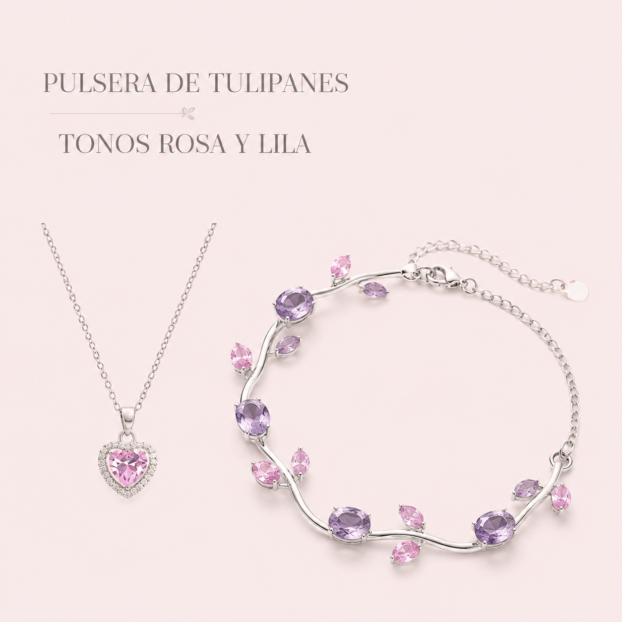 Infografía Set Tulipanes de la Realeza: pulsera de tulipanes en tonos rosa y lila