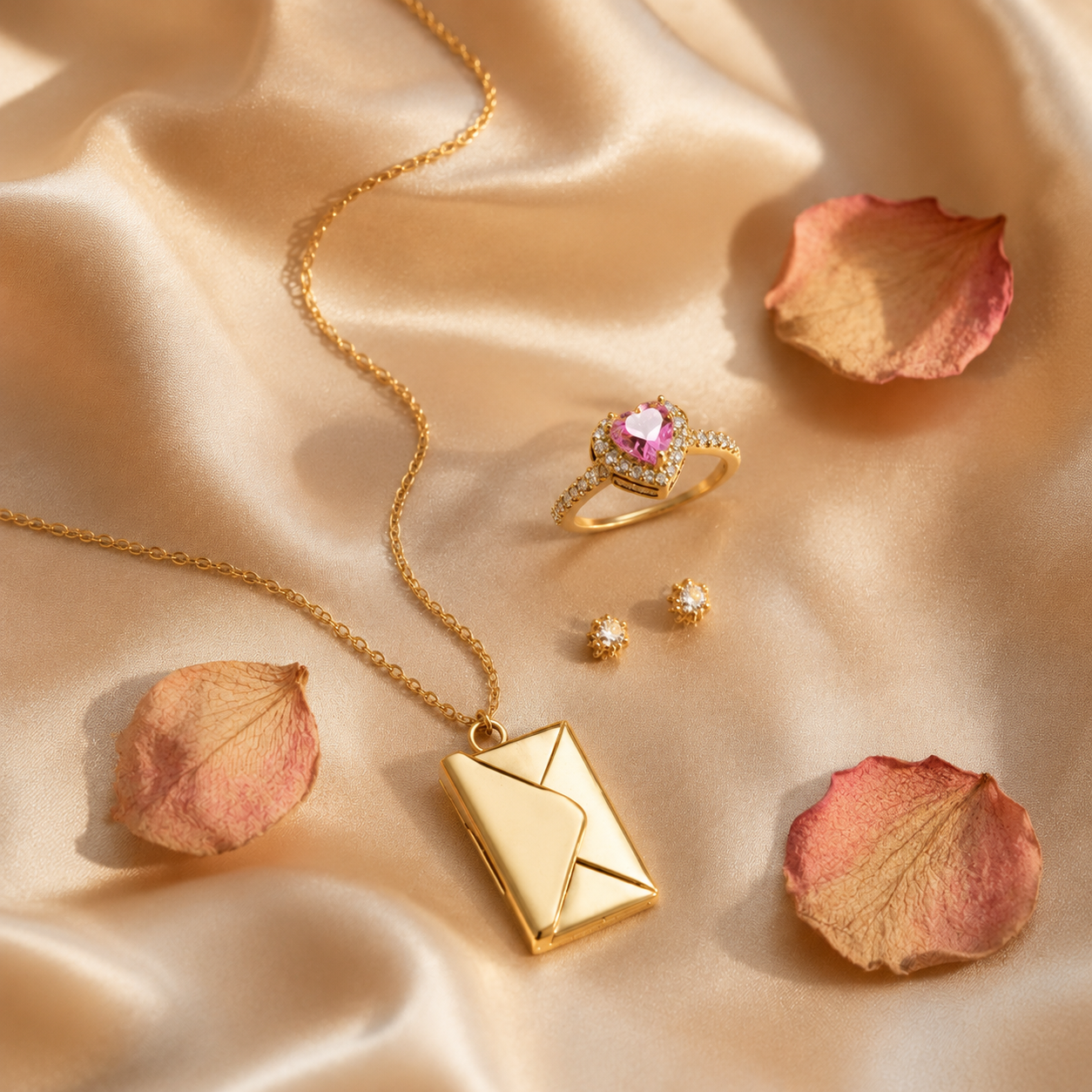 Set Secreto de Amor dorado en flat-lay sobre seda color champán con pétalos de rosa