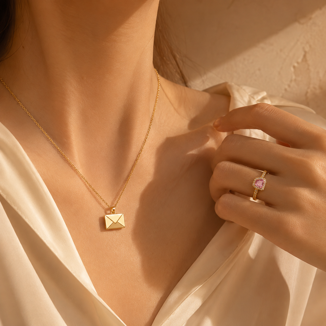 Set Secreto de Amor dorado puesto: collar sobre de carta en el cuello, luz cálida