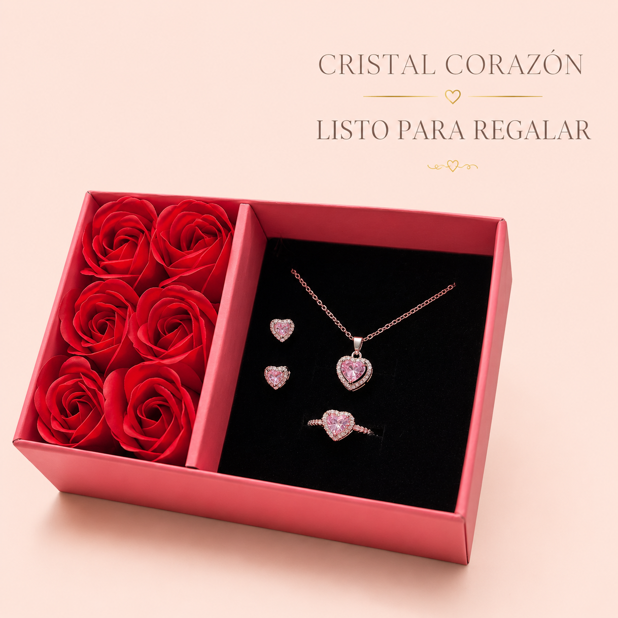 Infografía del Set Trilogía Corazón de Cristal: cristal corazón y listo para regalar