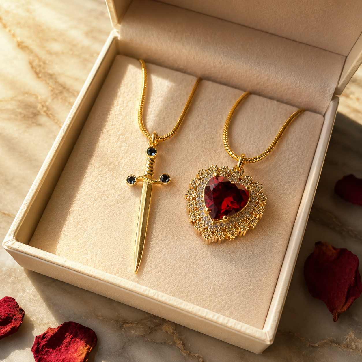 Cadenas Pareja Corazón y Espada doradas dentro de una caja de regalo abierta