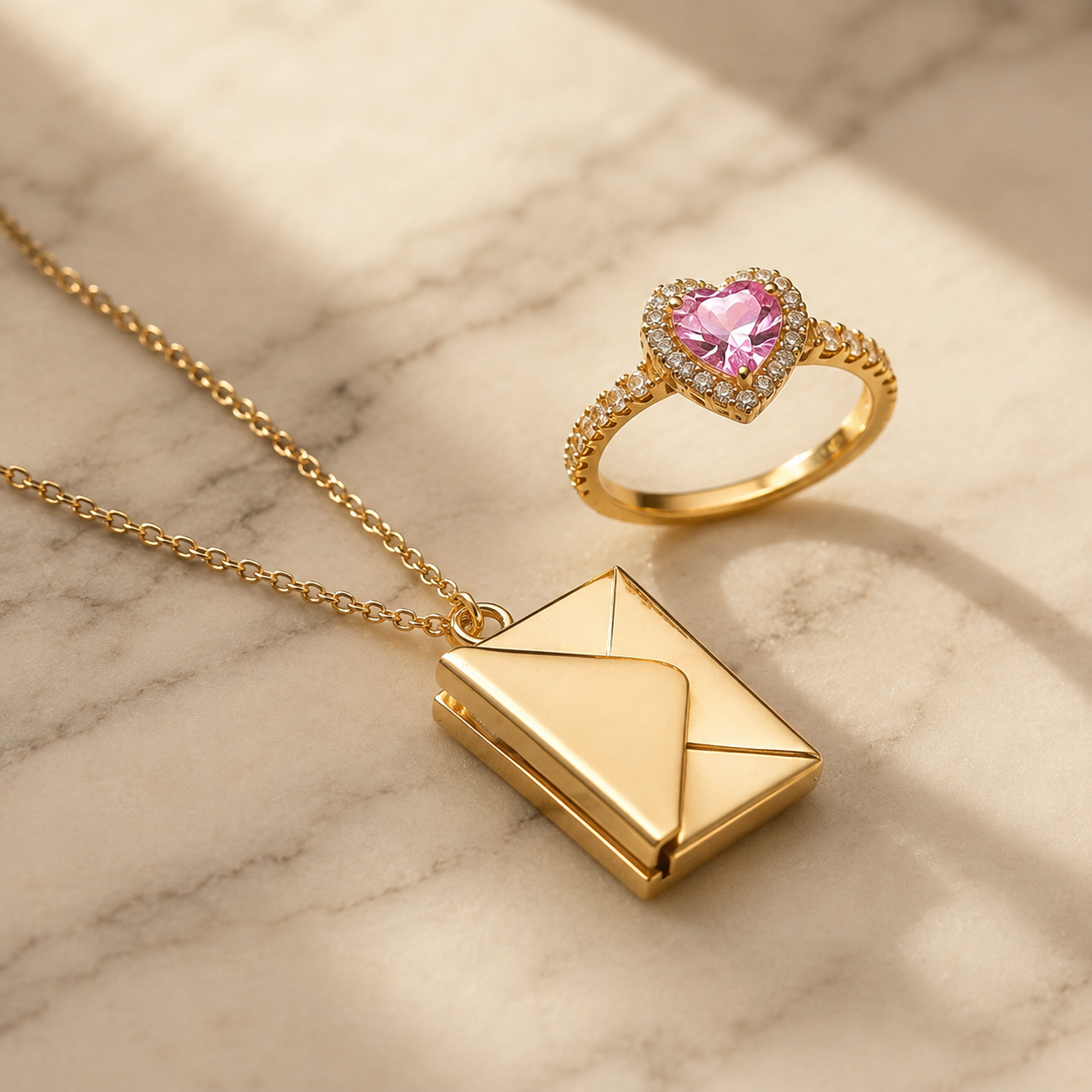 Detalle macro del dije sobre de carta y el anillo de corazón dorados sobre mármol claro
