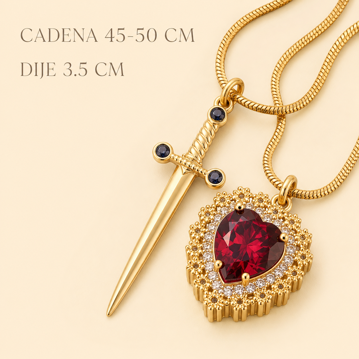 Infografía Cadenas Pareja doradas: cadena 45-50 cm y dije 3,5 cm