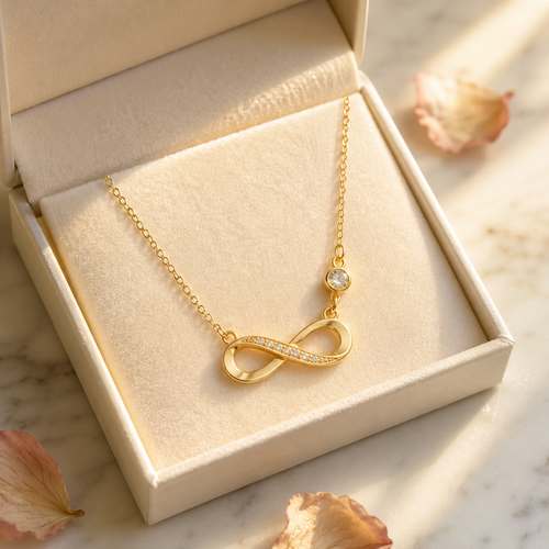 Collar Infinito Amor Eterno dorado dentro de una caja de regalo abierta con seda