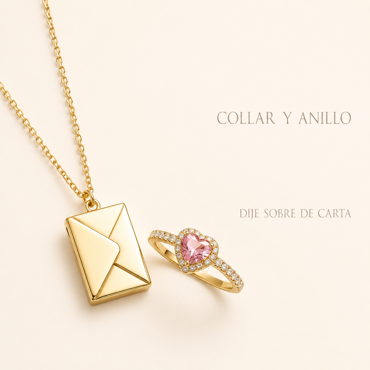 Infografía Set Secreto de Amor dorado: collar y anillo con dije sobre de carta