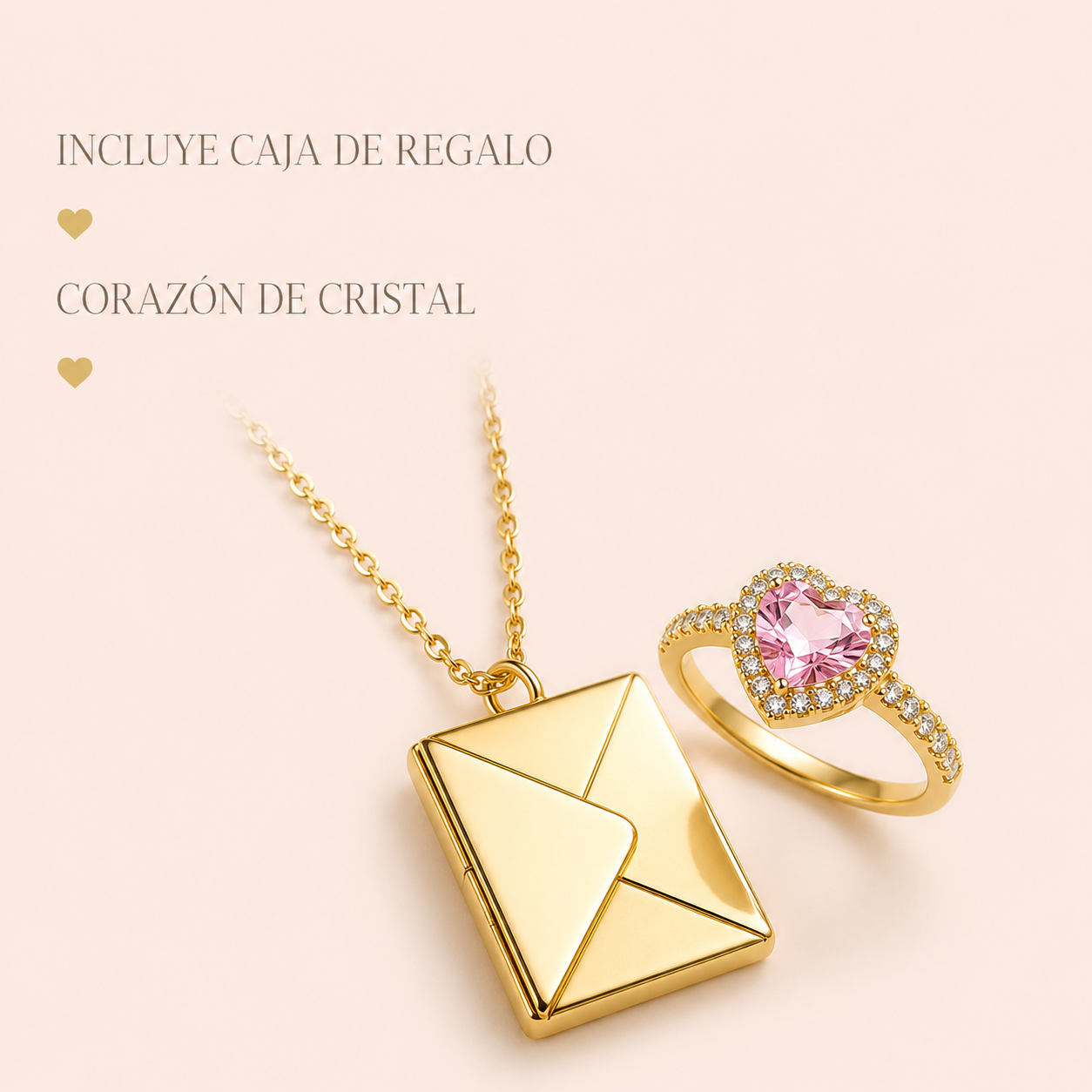 Infografía Set Secreto de Amor dorado: incluye caja de regalo y corazón de cristal