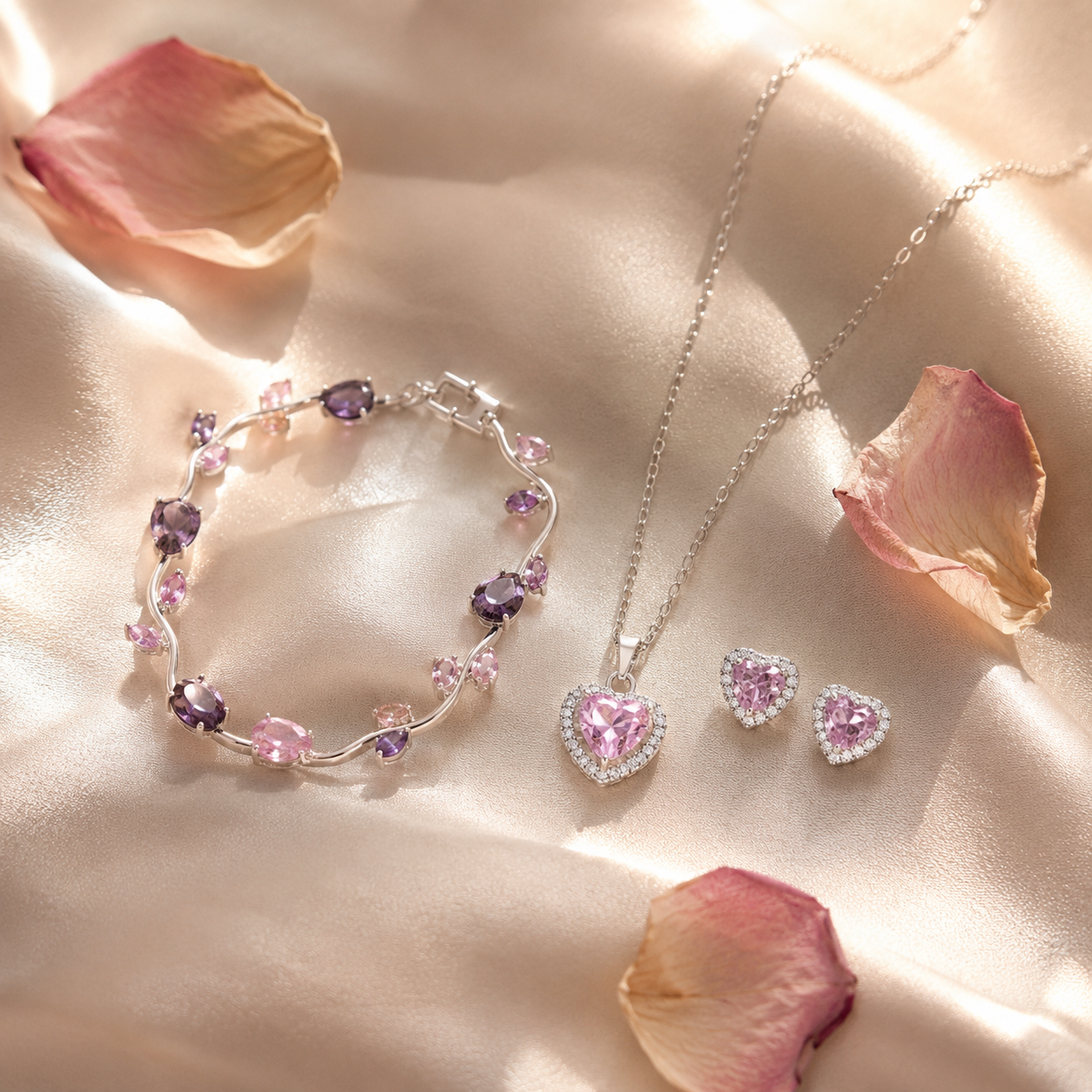 Set Tulipanes de la Realeza en flat-lay sobre seda color champán con pétalos rosados