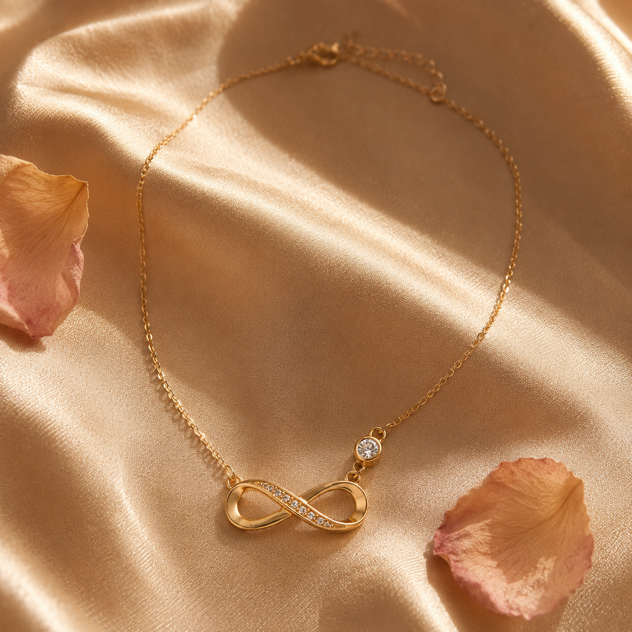Collar Infinito Amor Eterno dorado en flat-lay sobre seda dorada con pétalos de rosa