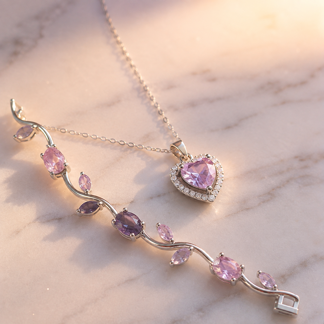 Detalle macro de la pulsera de tulipanes plateada con piedras rosadas sobre mármol claro