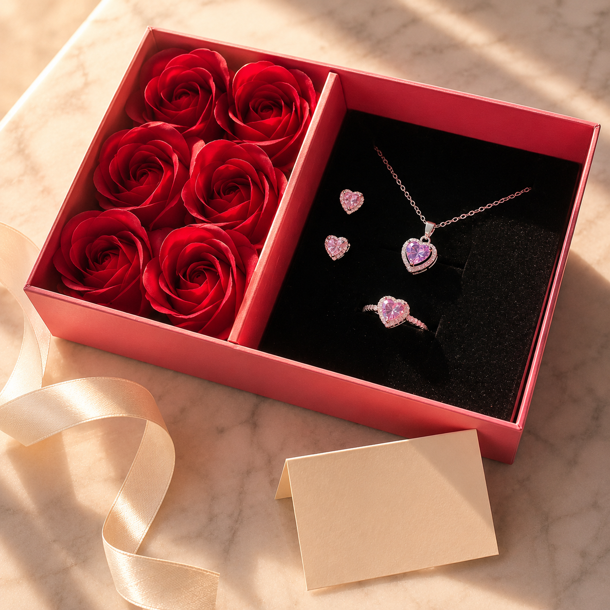 Caja de regalo roja con seis rosas decorativas junto al set de joyería, cinta y tarjeta