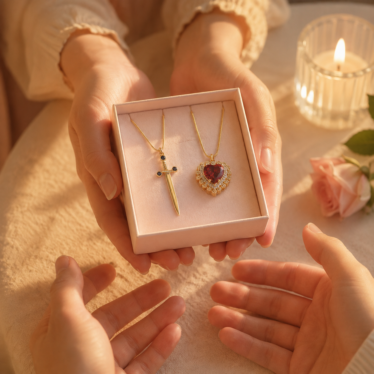 Unas manos entregan la caja abierta con las cadenas de pareja a otras manos, con vela y rosa