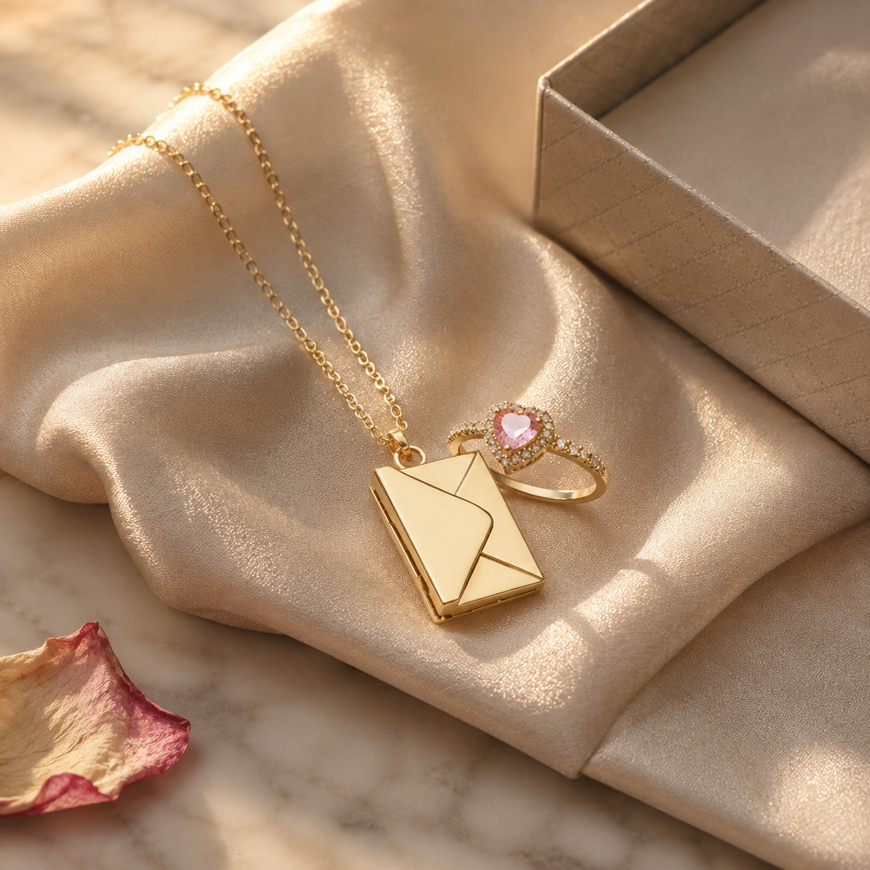 Set de joyería dorado completo con todas sus piezas juntas sobre seda champán junto a su caja de regalo